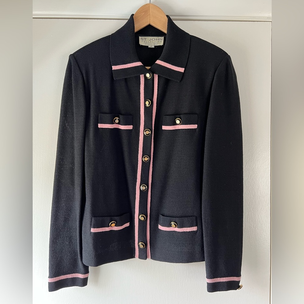 Vintage St. John Collection by Marie Gray Collared Knit Blazer Black Pink Small